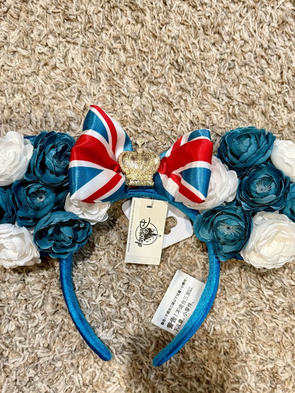Epcot Disney Teal and White Floral Ear Headband with Union Jack Bow & Gold Crown